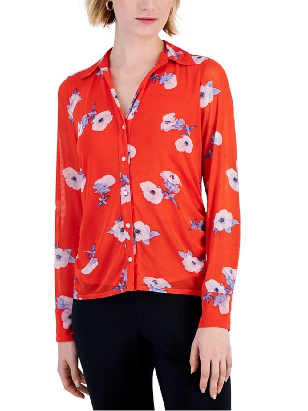 Bar III Mesh Red-Orange Floral Top